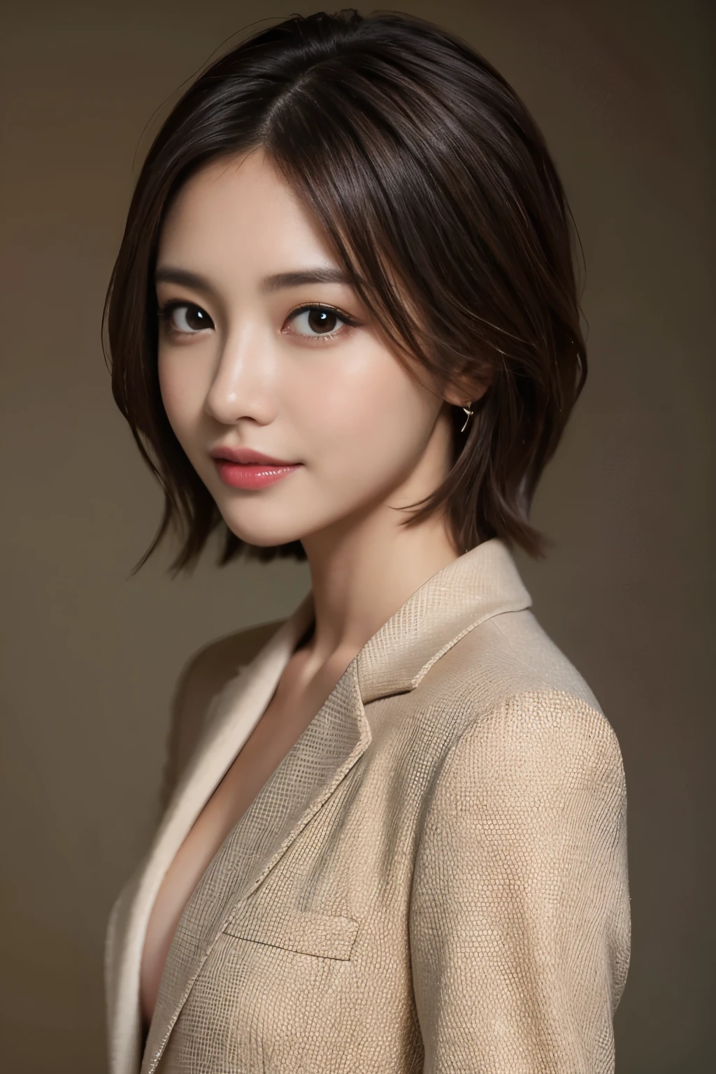 The best quality at its best, Realistically, Super detailed, More about pubic hair, High resolution, Plain background，8k wallpaper, One beautiful woman,,Light brown short hair, Wear a dark suit, Lock Focus, Perfect dynamic composition, Beautiful Eyes, Delicate hair, 细致Realistically的皮肤纹理, smile, Close-up portrait, Model Body Type