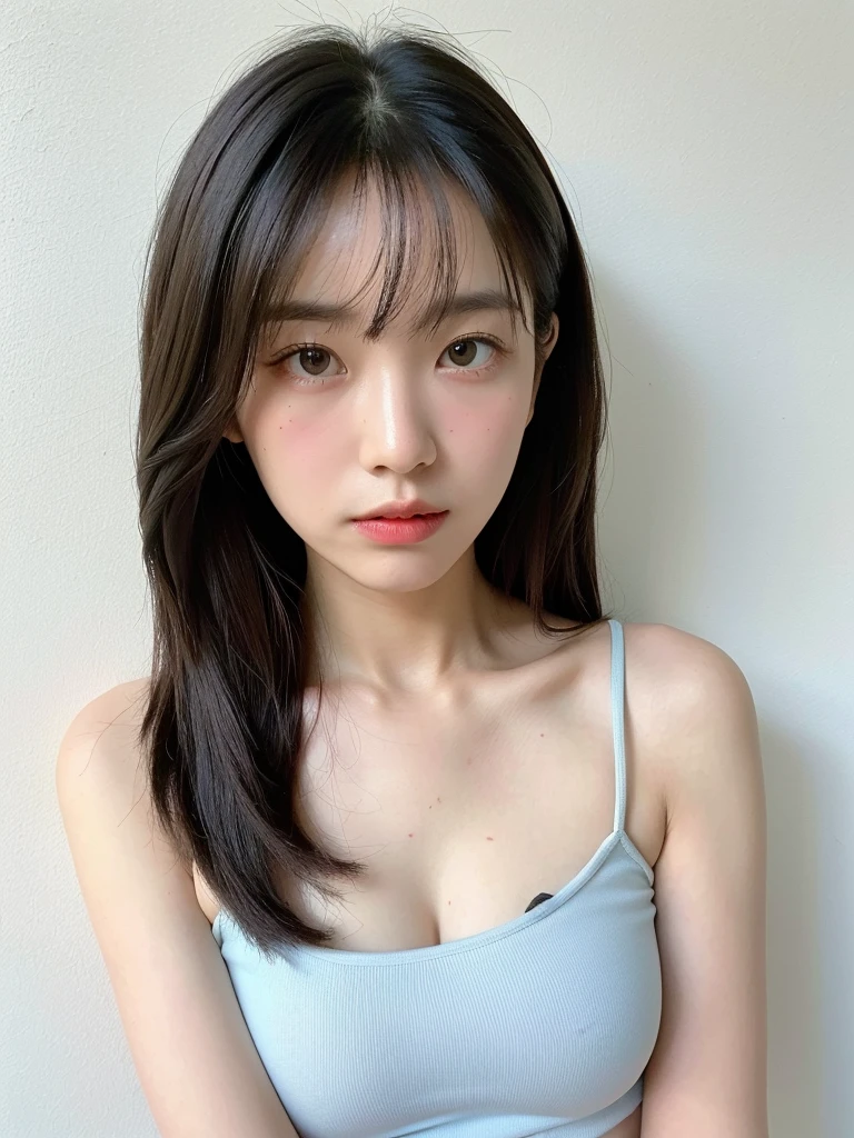 See-through tops、Big Breasts、camisole、(背景にWhite wall、Some of her hair is sky blue:1.4)、White wall、In front of a white door、(窓のあるWhite wallの部屋)、((Highest quality、8K、masterpiece:1.3))、Ultra-high resolution、(photoGenuineistic:1.4)、RAW Photos、Japanese,(face)、Genuine、Photographed in natural light、Highly detailed face and skin texture、Highly detailed lips、The correct state of the human body、Medium Hair、Black Hair、Various poses、Natural color lip