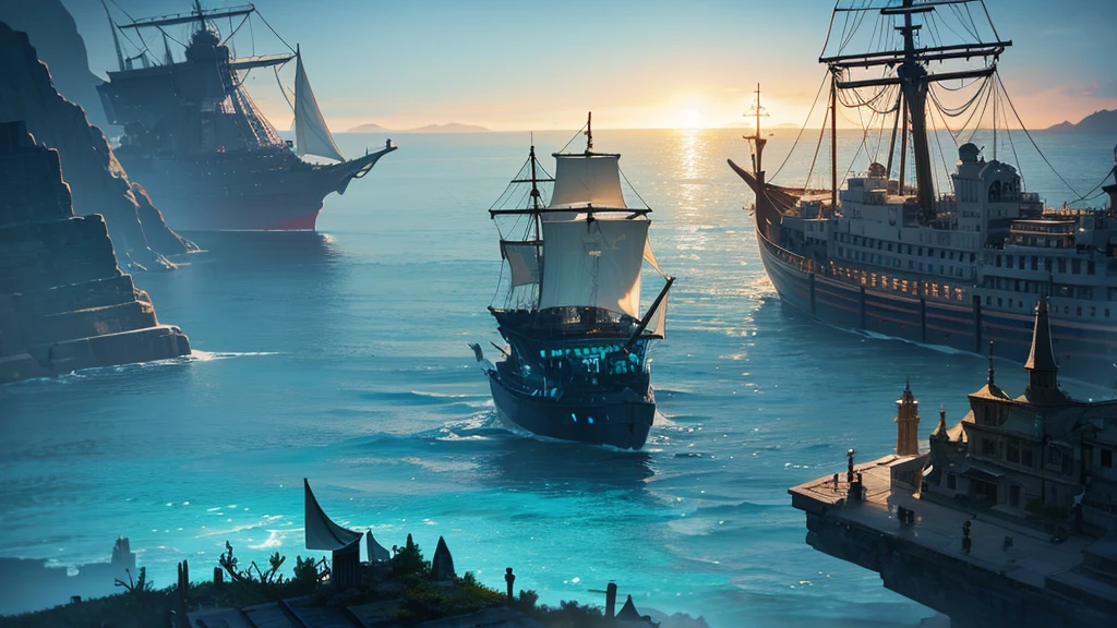 A vast sea of glass where ghost ships sail silently, guided by water spirits and luminescent creatures beneath the surface.