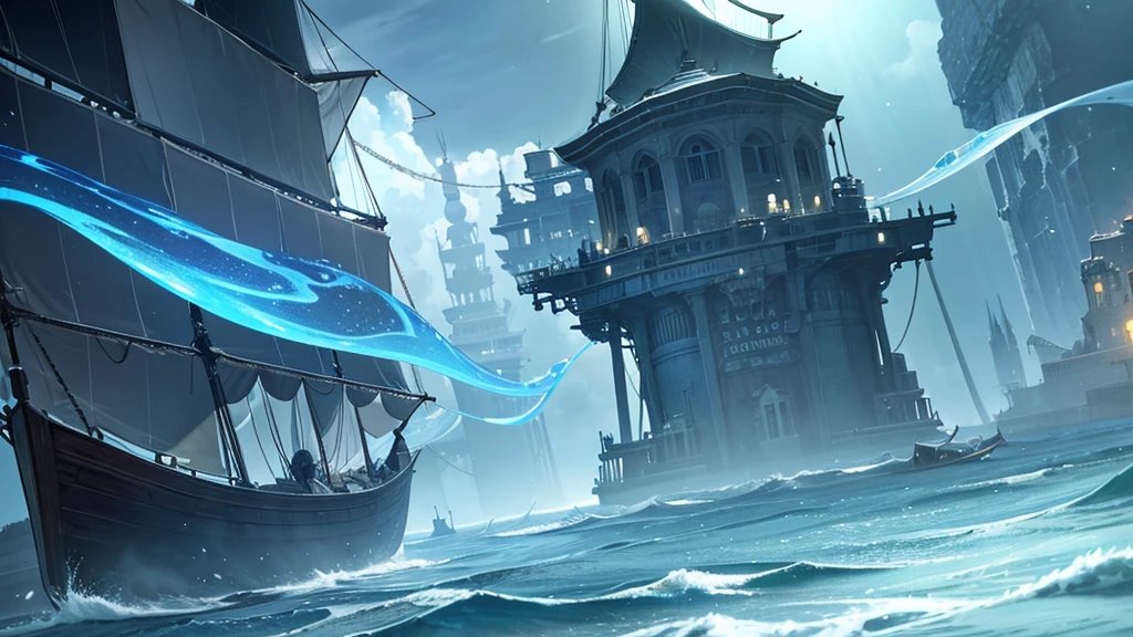  A vast sea of glass where ghost ships sail silently, guided by water spirits and luminescent creatures beneath the surface.