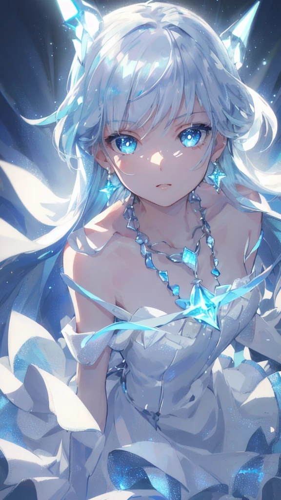 masterpiece, best quality, illustration, sax blue, platinum earrings, platinum necklace, white dress, 1girl, cute, (dynamic lighting:1.2), cinematic lighting, delicate facial features, detailed eyes, sharp pupils, realistic pupils, depth of field, bokeh, sharp focus, (hyper-detailed, bloom, glow:1.4), many small gems