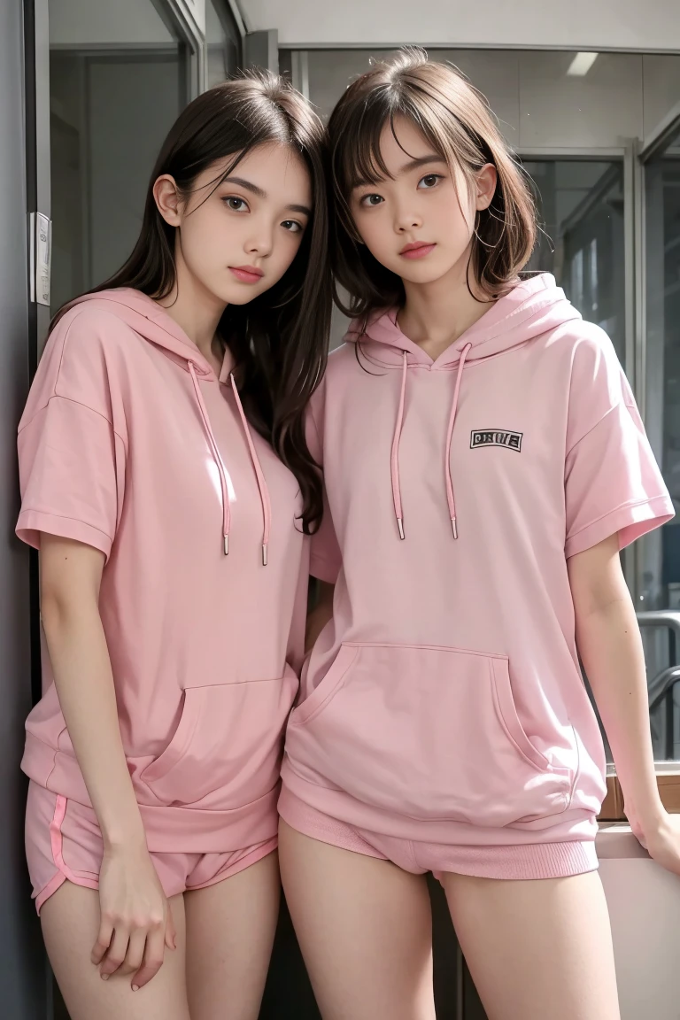 deux femmes ensemble de 18 ans sexy et mince , pink short sleeve hoodie , salle de classe, se touche,position sey,sensuel