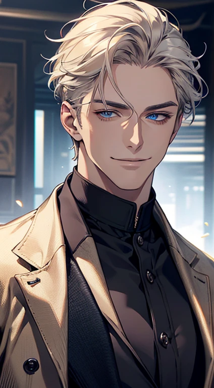 a mature man, very handsome, short grey golden hair, beautiful blue eyes, perfect detailed face, buttoning his jacket, CEO, smiling in love, cinematic lighting, 1:4 HDR, photorealistic, ultra detailed, 8K, best quality, masterpiece