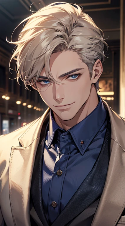 a mature man, very handsome, short grey golden hair, beautiful blue eyes, perfect detailed face, buttoning his jacket, CEO, smiling in love, cinematic lighting, 1:4 HDR, photorealistic, ultra detailed, 8K, best quality, masterpiece