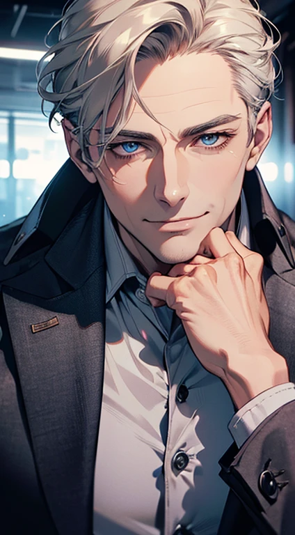 a mature man, very handsome, short grey golden hair, beautiful blue eyes, perfect detailed face, buttoning his jacket, CEO, smiling in love, cinematic lighting, 1:4 HDR, photorealistic, ultra detailed, 8K, best quality, masterpiece