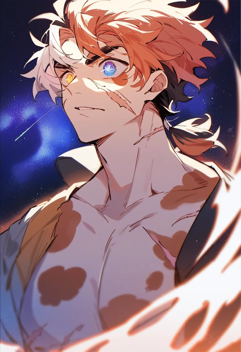 1boy, Strong, calico colored hair, scars, galaxy eyes, small ponytail, gentle