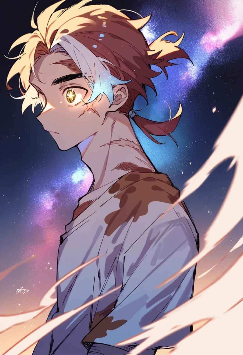 1boy, Strong, calico-colored hair, scars, galaxy eyes, small ponytail