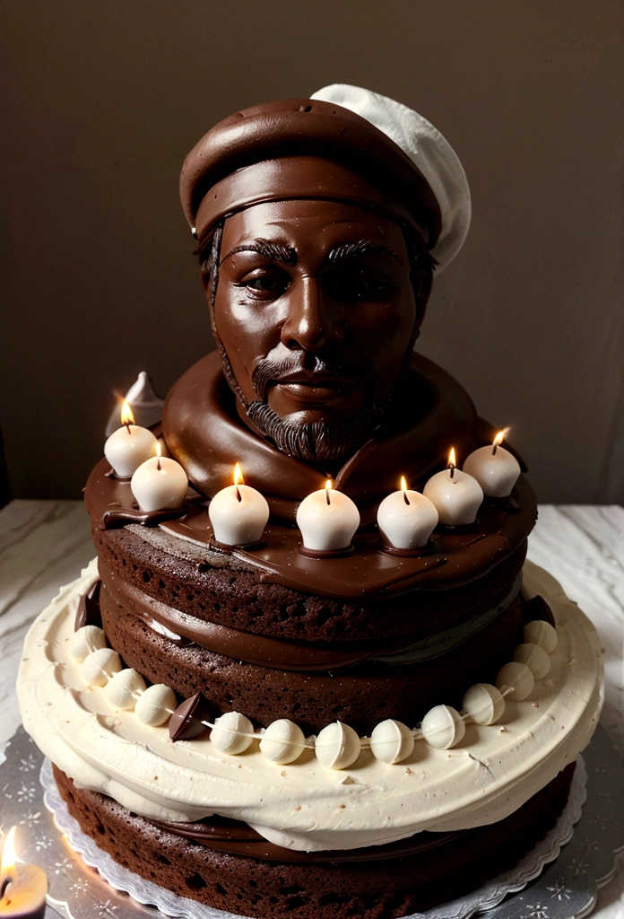 A close-up photo of a beautifully decorated chocolate cake with a lit candle.,original,moderno, whisker, naughty man, wears a sailor hat,