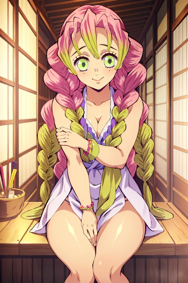 (Masterpiece artwork, best qualityer), 1girl, Mitsuri Kanroji, dazzling, tomando banho, , ssmile, Kale, Kale, Underarms