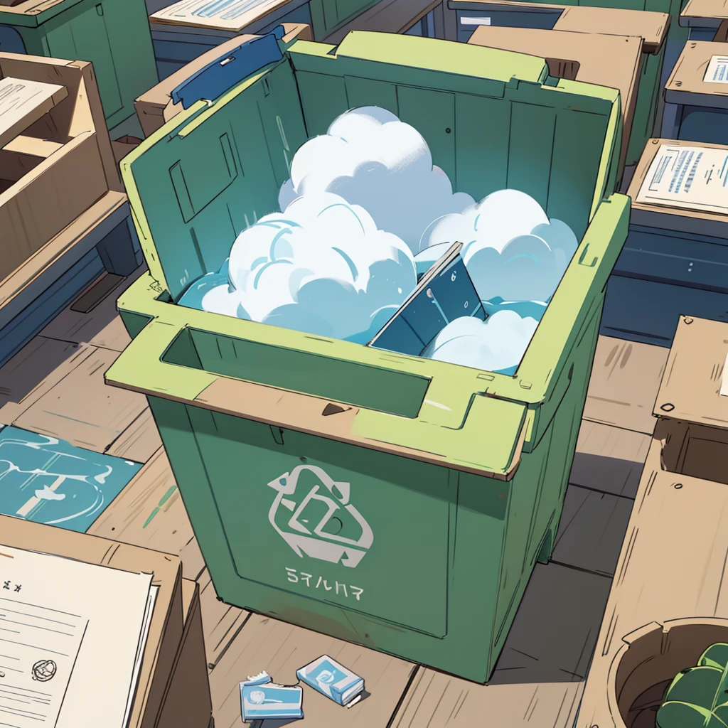 anime drawing of the containers are located in accessible and visible places with the visible label on the solid waste, with students around observing.