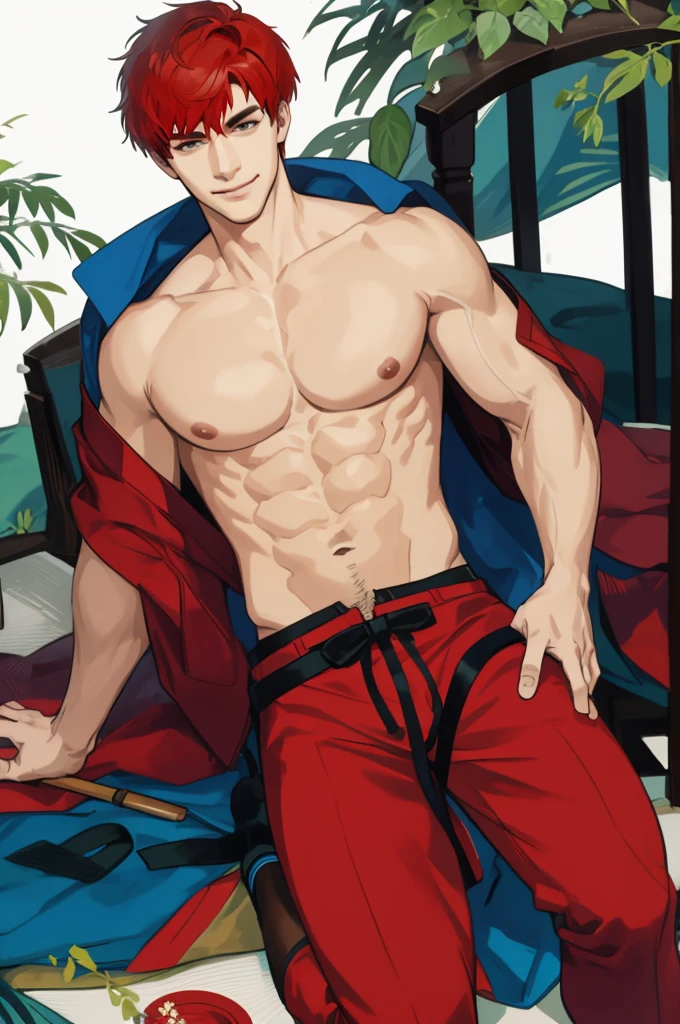 masterpiece, best quality, realistic, 1man, male focus, tall muscular, handsome, [thick eyebrows:0.5], smile, portrait, extremely detailed face, red hair, (short hair), shirtless, six packs, full body, Japanese