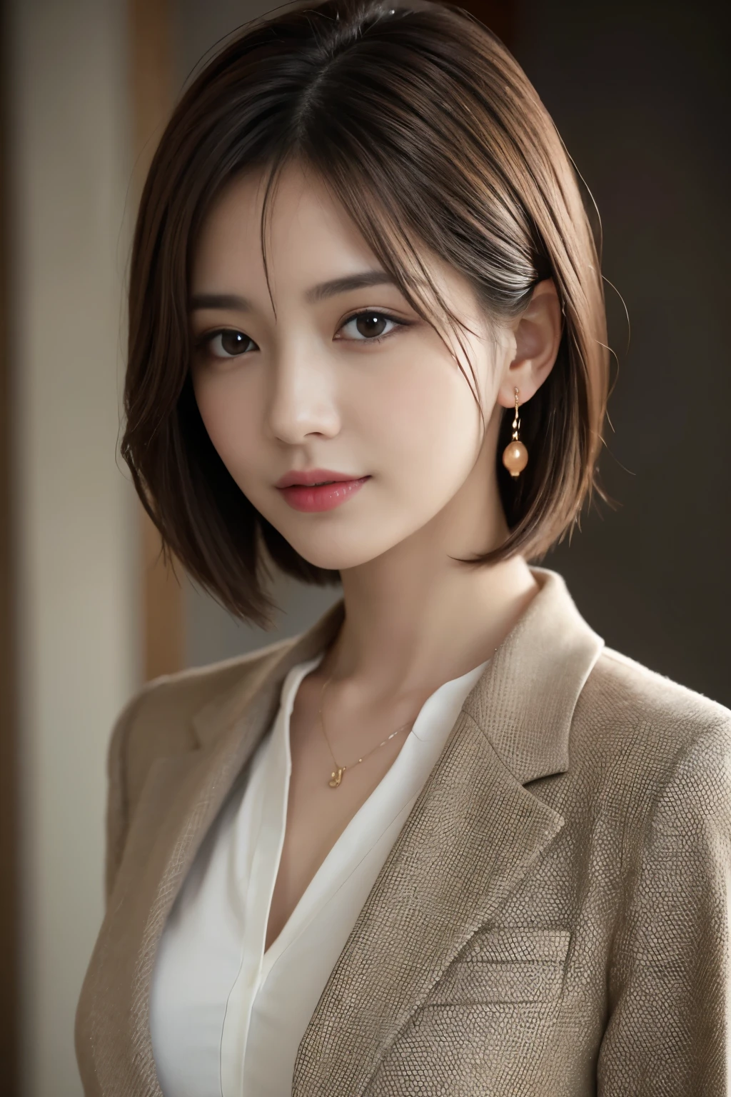 The best quality at its best, Realistically, Super detailed, More about pubic hair, High resolution, Plain background，8k wallpaper, One beautiful woman,,Light brown short hair, Wear a dark suit, Lock Focus, Perfect dynamic composition, Beautiful Eyes, Delicate hair, 细致Realistically的皮肤纹理, smile, Close-up portrait, Model Body Type