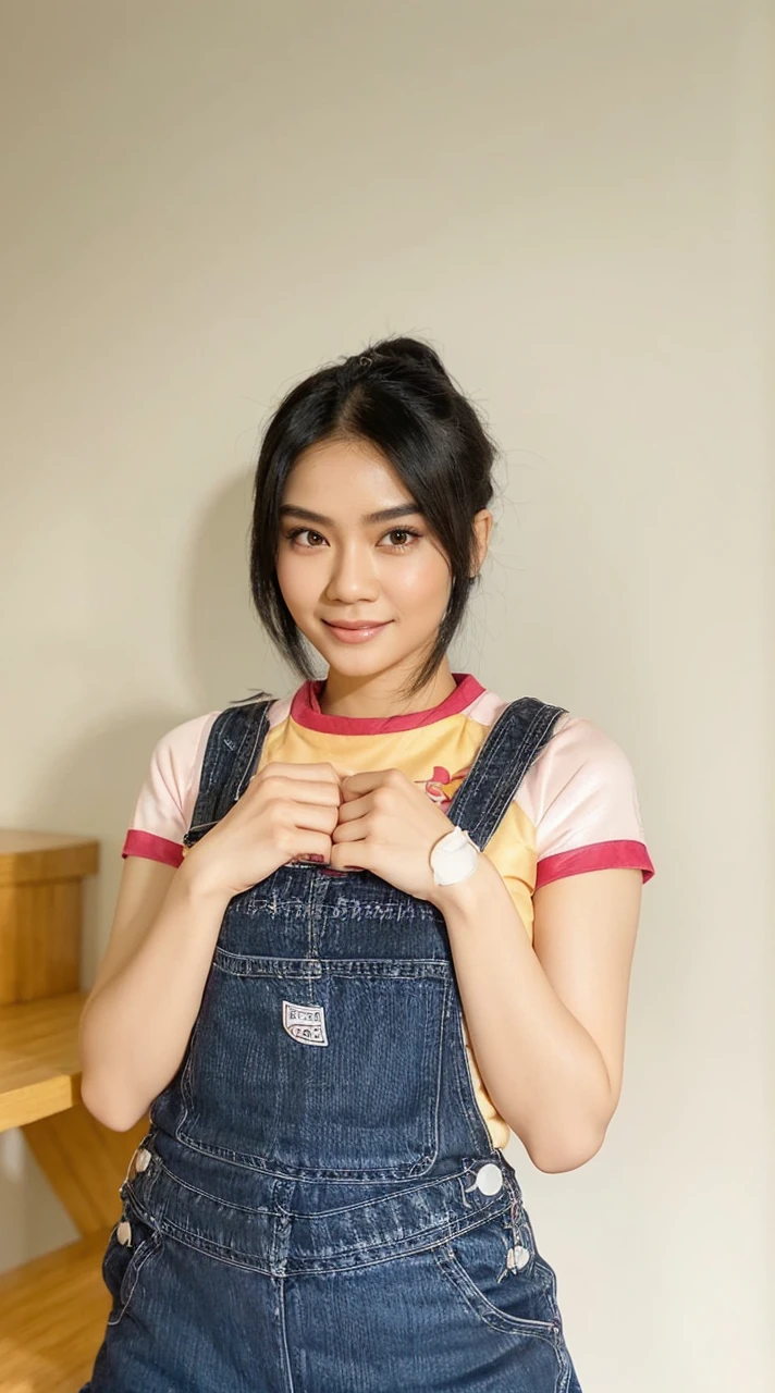 HypeIrealistiç 3D Cartoon style character with big head. 24 year old Indonesian woman, slim body, slightily blonde black hair and wearing a pink kimono. smiling at the camera with hands in ready position, pink background. Use soft photography lighting. Hair lighting, top lighting, side lighting, high quality photos, UHD, 16K.