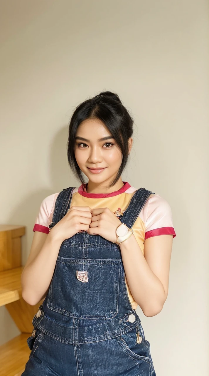 HypeIrealistiç 3D Cartoon style character with big head. 24 year old Indonesian woman, slim body, slightily blonde black hair and wearing a pink kimono. smiling at the camera with hands in ready position, pink background. Use soft photography lighting. Hair lighting, top lighting, side lighting, high quality photos, UHD, 16K.