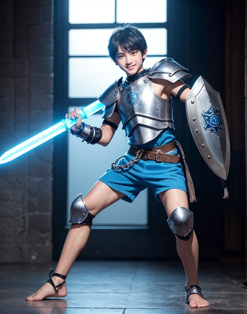 Young -yeld boith black hair and brown eyes, innocent and happy, dressed in short neon-blue medieval barbarian clothes, fur shorts, light-blue battle armor, weilding silver sword and shield, barefoot; fullbody; short hair, boyish athletic, sexy,