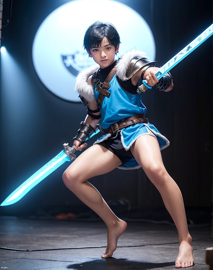 Young -yeld boith black hair and brown eyes, innocent and happy, dressed in short neon-blue medieval barbarian clothes, fur shorts, light-blue battle armor, weilding silver sword and shield, barefoot; fullbody; short hair, boyish athletic, sexy,