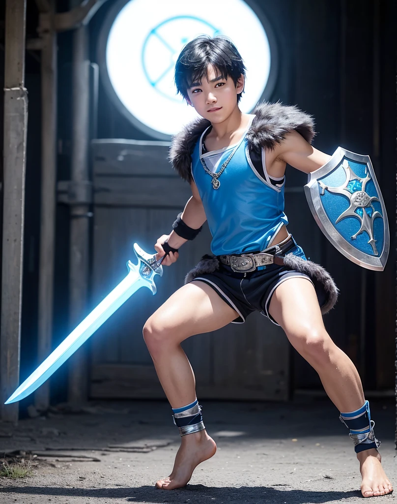 Young -yeld boith black hair and brown eyes, innocent and happy, dressed in short neon-blue medieval barbarian clothes, fur shorts, light-blue battle armor, weilding silver sword and shield, barefoot; fullbody; short hair, boyish athletic, sexy,