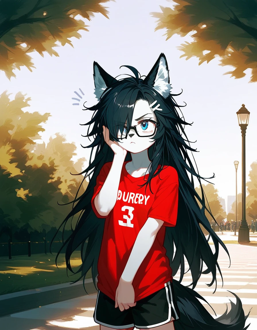Solo, score_9,score_8_up,score_7_up, a young nerdy Anthro furry wolf woman, wolf snout, white furry body, tall and slender, long black messy hair, black hair, hair in a pony tail, hair covering one eye, black glasses, blue eyes, white wolf ears, small breasts, wearing oversized red t shirt, black boy shorts, standing, outdoors, at a park, looking annoyed, one hand covering her face, shielding her face from the sun, sunny day, looking up, squinting 