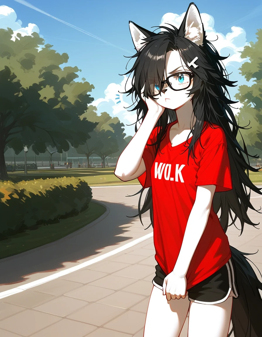 Solo, score_9,score_8_up,score_7_up, a young nerdy Anthro furry wolf woman, wolf snout, white furry body, tall and slender, long black messy hair, black hair, hair in a pony tail, hair covering one eye, black glasses, blue eyes, white wolf ears, white wolf tail, small breasts, wearing oversized red t shirt, black boy shorts, standing, outdoors, at a park, looking annoyed, one hand covering her face, shielding her face from the sun, sunny day, looking up, squinting