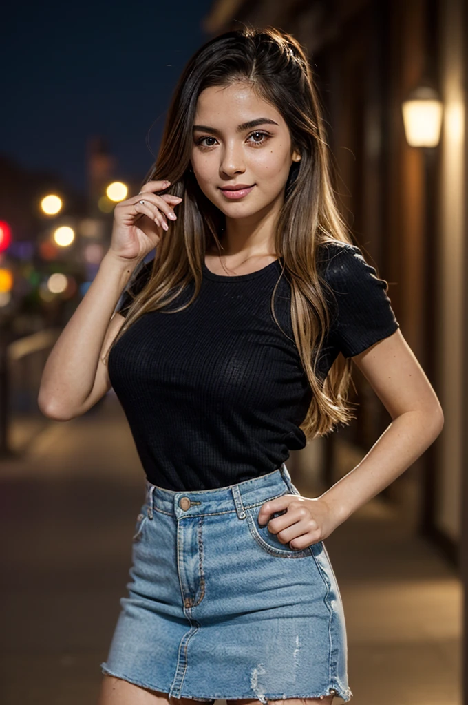 ((A beautiful and cute woman is changing her clothes)), ((A 22-year-old beauty)), ((A shy smile)), ((Long shiny hair)), ((A plump bust)), ((Miniskirt)), ((Blouse)), ((Gradient eyes)), ((The background is a night view of the city)), Attractive makeup, Single view, NFFSW, UHD, Retina, Masterpiece, Accurate, Anatomically, Scientifically Correct, Textured Skin, Super Detail, High Detail, High Quality, Award Winning, Top Quality, High Resolution, 1080P, HD, 4K, 8k, 16k
