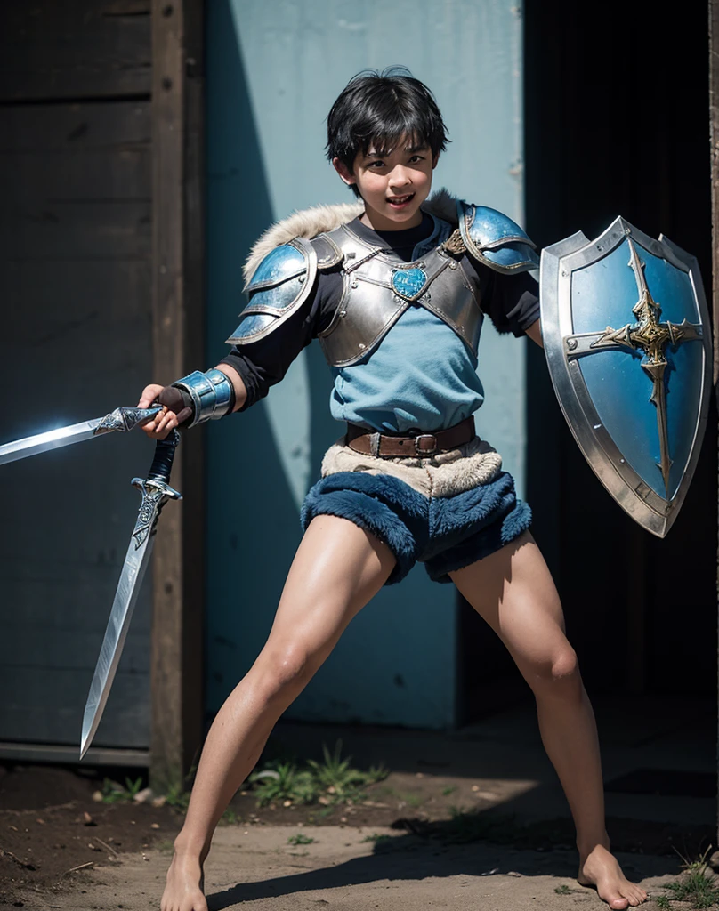Young 13-year-old boy with black hair and brown eyes, innocent and happy, dressed in short neon-blue medieval barbarian clothes, fur shorts, light-blue battle armor, weilding silver sword and shield, barefoot; fullbody; short hair, boyish athletic, sexy,