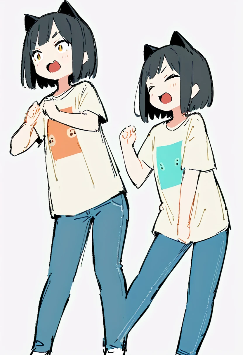 (((Dynamic pose))),((Enjoying expression)) ,(Dark color,Clear lines), ((masterpiece,)),(((Highest quality))),(sketch),((Girls in their 20s)),Short black hair,Black cat ears,T-Shirts,jeans