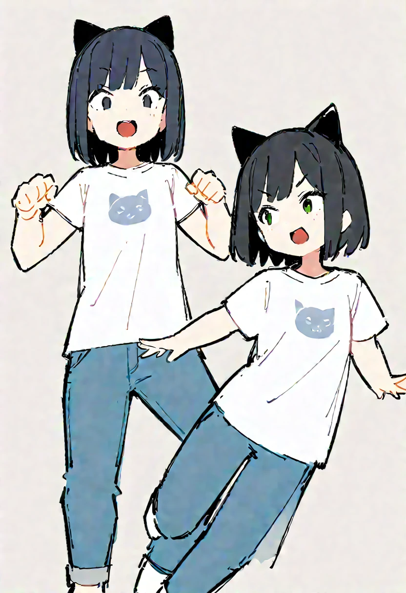(((Dynamic pose))),((Enjoying expression)) ,(Dark color,Clear lines), ((masterpiece,)),(((Highest quality))),(sketch),((Girls in their 20s)),Short black hair,Black cat ears,T-Shirts,jeans