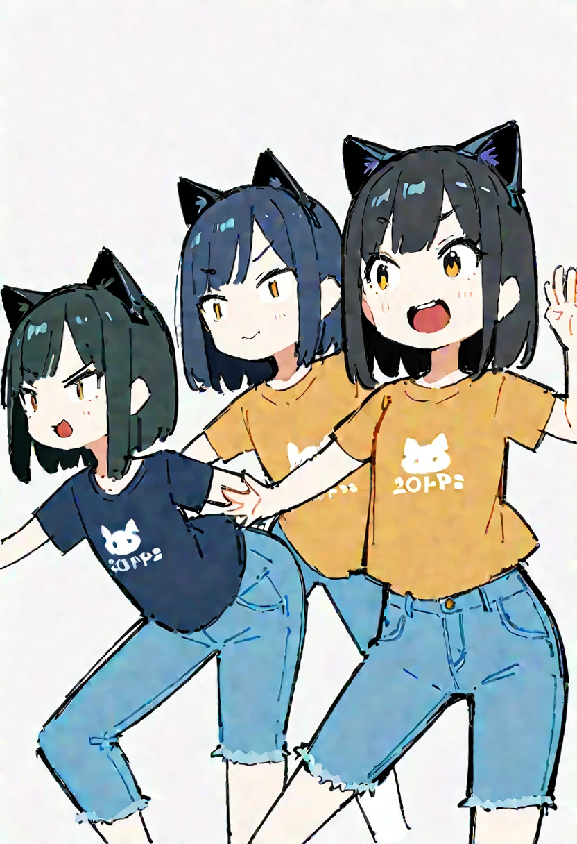 (((Dynamic pose))),((Enjoying expression)) ,(Dark color,Clear lines), ((masterpiece,)),(((Highest quality))),(sketch),((Girls in their 20s)),Short black hair,Black cat ears,T-Shirts,jeans