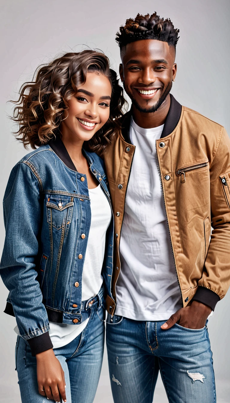 Generate a realistic image of a handsome black man with short hair and a bronzed complexion, smiling. He is wearing a casual chic outfit with a trendy jacket and jeans, with IS white, sexy and georgeous girlfriend with long wavy hair. They are taking photos romanticaly.