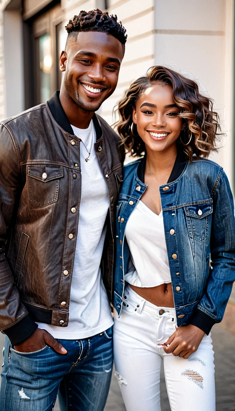 Generate a realistic image of a handsome black man with short hair and a bronzed complexion, smiling. He is wearing a casual chic outfit with a trendy jacket and jeans, with IS white, sexy and georgeous girlfriend with long wavy hair. They are taking photos romanticaly.