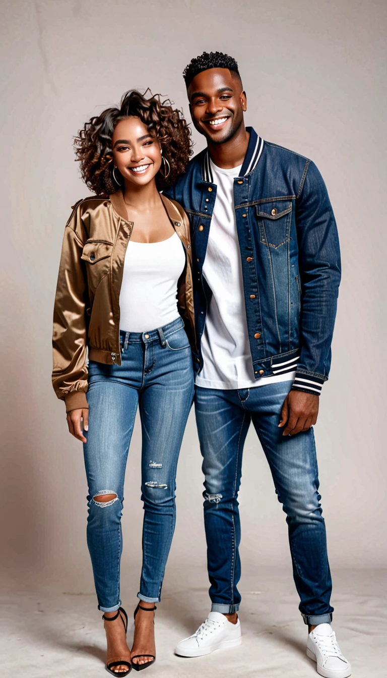 Generate a realistic image of a handsome black man with short hair and a bronzed complexion, smiling. He is wearing a casual chic outfit with a trendy jacket and jeans, with IS white, sexy and georgeous girlfriend with long wavy hair. They are taking photos romanticaly.