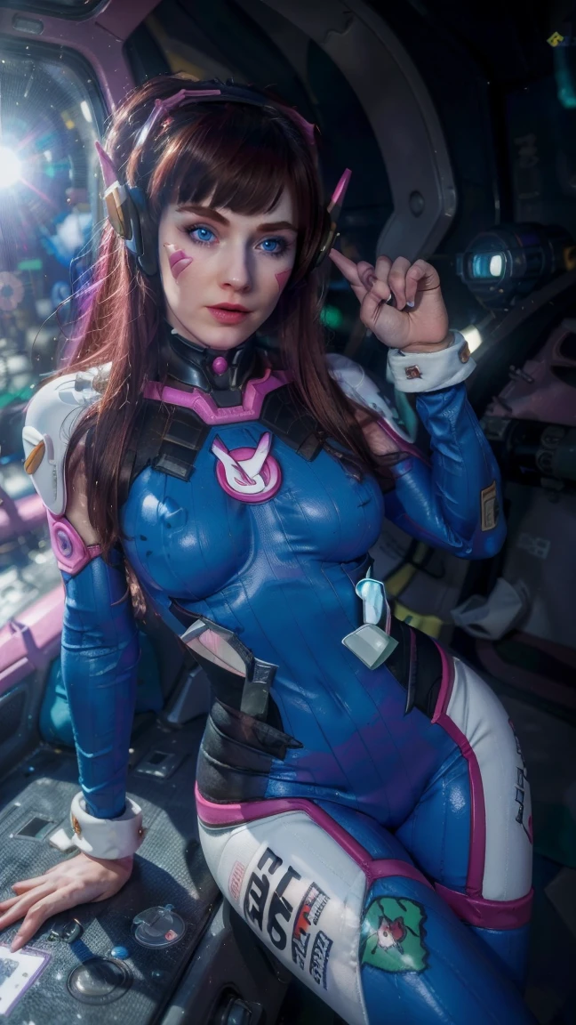 (masterpiece), (photorealistic1.4), (best quality), (European Model), (epiCRealLife), (Young Woman), (photorealistic), (red lipstick), (JenniferConnelly90s), (DVaOver full covered bodysuit),, (hair bangs), headphones,(face paint), (D.VA hairstyle), (D.VA overwatch costume), (bodysuit), (gloves), (facial mark), (spotlight), (ample light), (pose for pictures), (in a spacecraft), (night time), (at night), (flash photography)