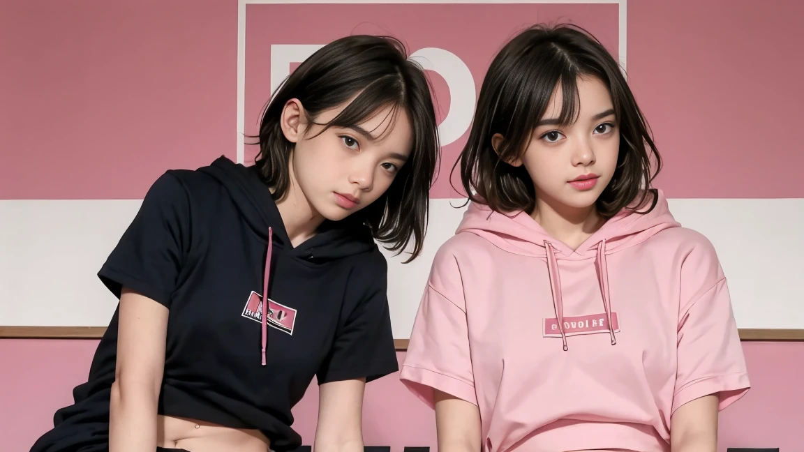 deux femmes ensemble de 18 ans sexy et mince , pink short sleeve hoodie , salle de classe, se touche,position sey,sensuel