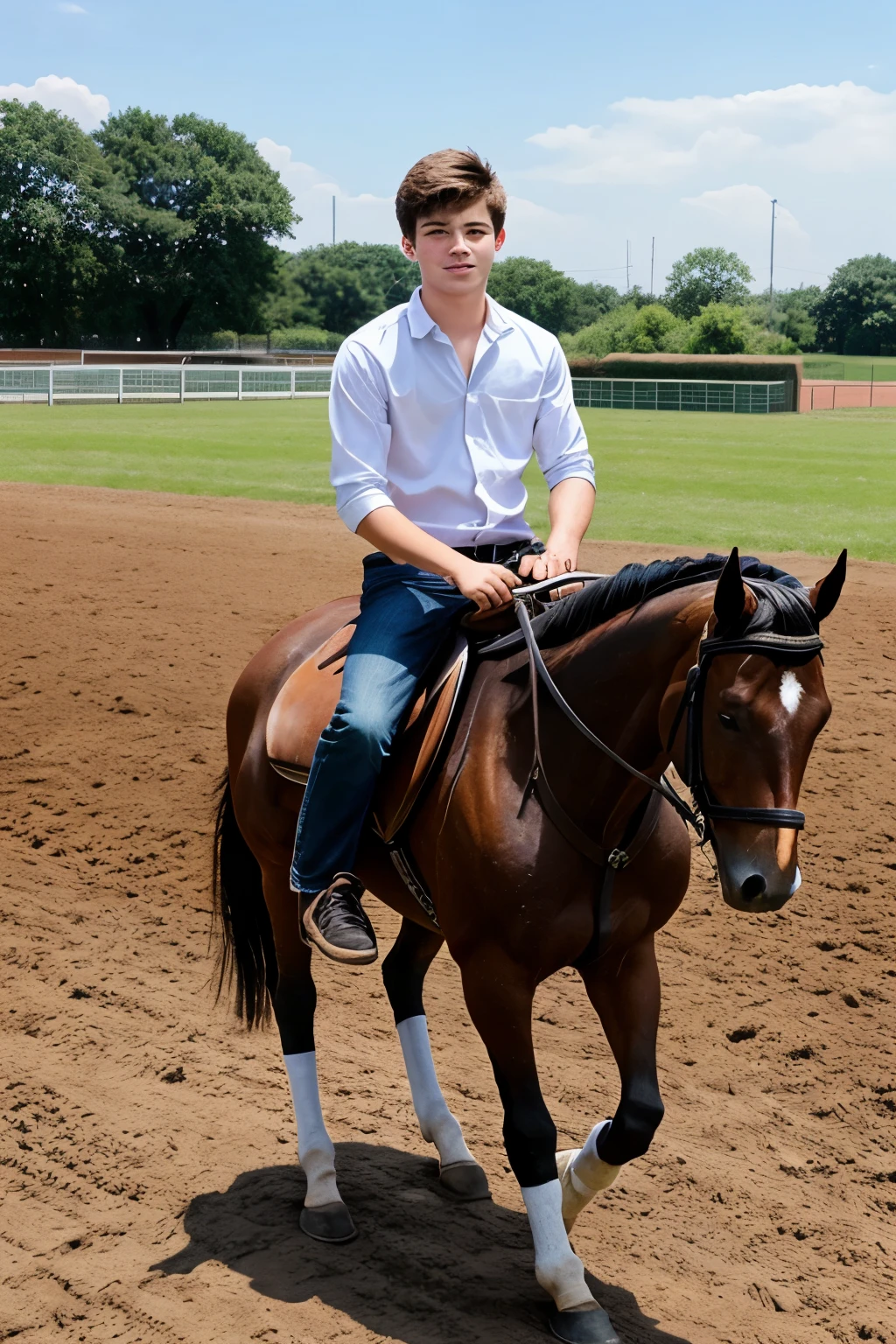 Create a image a boy with 18 years old riding a horse in a ground .