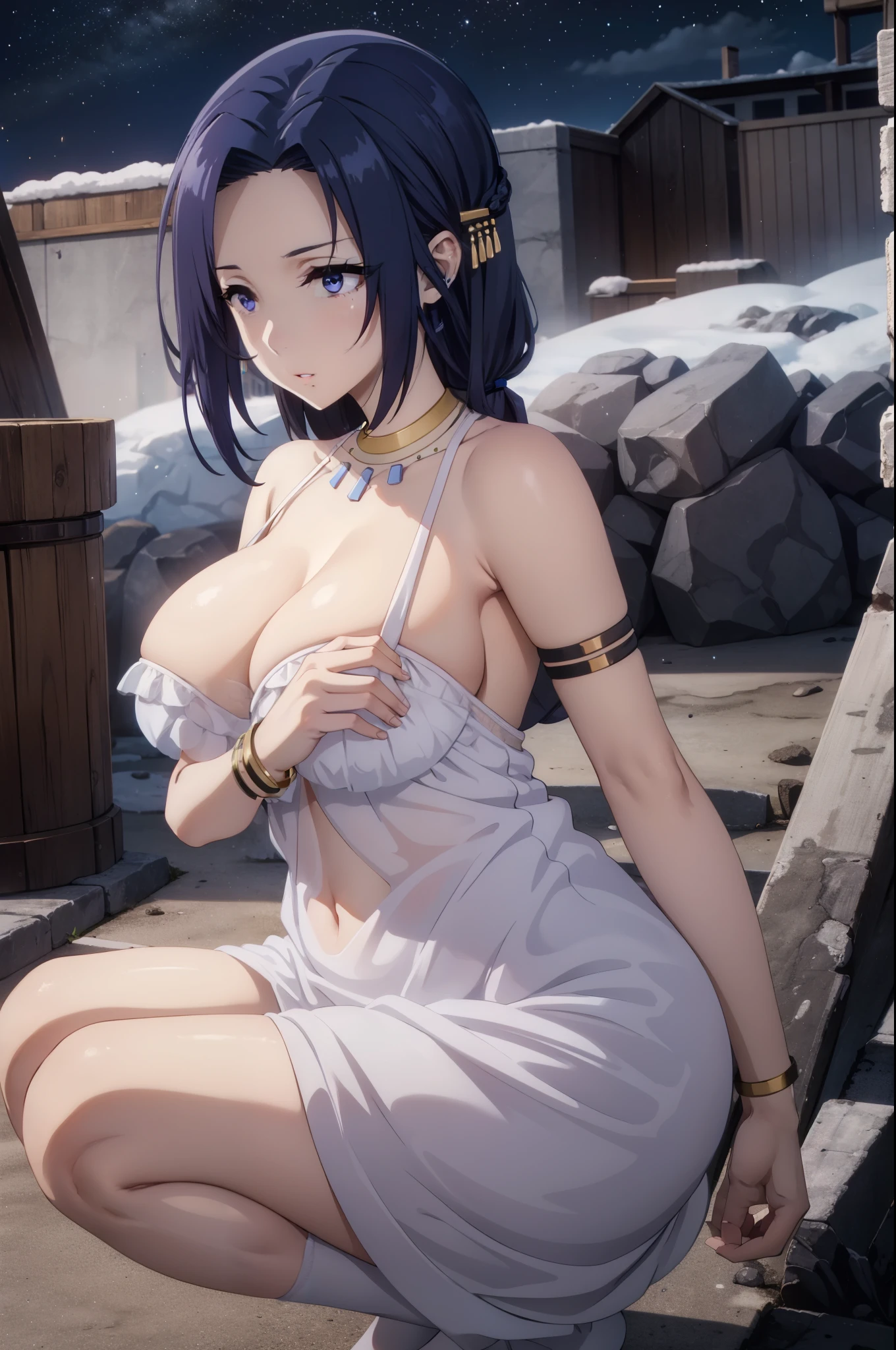 blue eyes,blue hair, gown, 1girl, , jewelry,, pink dress, side ponytail, necklace, solo, hair ornament, cleavagocks, bare shoulders, cloudy night, earrings, revealing clothes, bangs, hairclip, looking at viewer, large breasts, thighse background, bracelet, no panties, purple eyes, shot, parted lips, squatting, halterneck, (at an ice hotel:1.2)