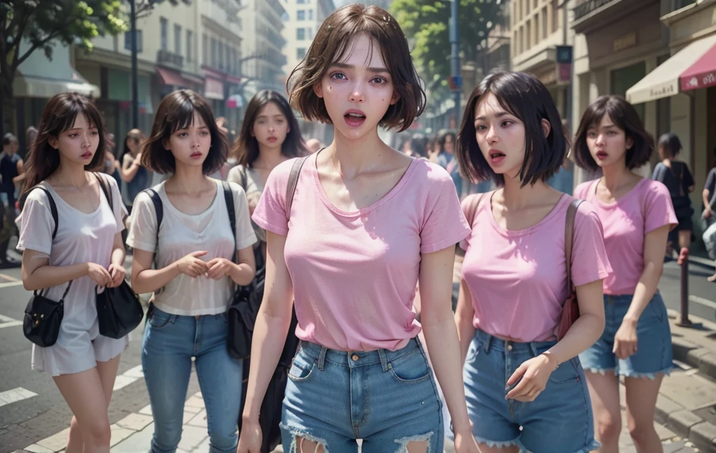 6girls, Many women, beautiful detailed eyes, horrified, scared, screaming, beautiful detailed lips, extremely detailed eyes and face, pink t-shirt, white jeans, standing on a street corner, award winning, intricate details, photorealistic, cinematic lighting, volumetric lighting, depth of field, beautiful face, striking pose, dynamic composition, vivid colors, warm tones, dragon