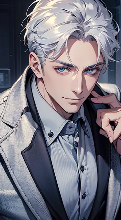 a mature man, very handsome, short grey white hair, beautiful blue eyes, perfect face, buttoning his jacket, CEO, smile in love, (best quality, masterpiece, 8K, photorealistic, cinematic lighting, 1:4 hdr image, top view, ultra detailed, beautiful image)