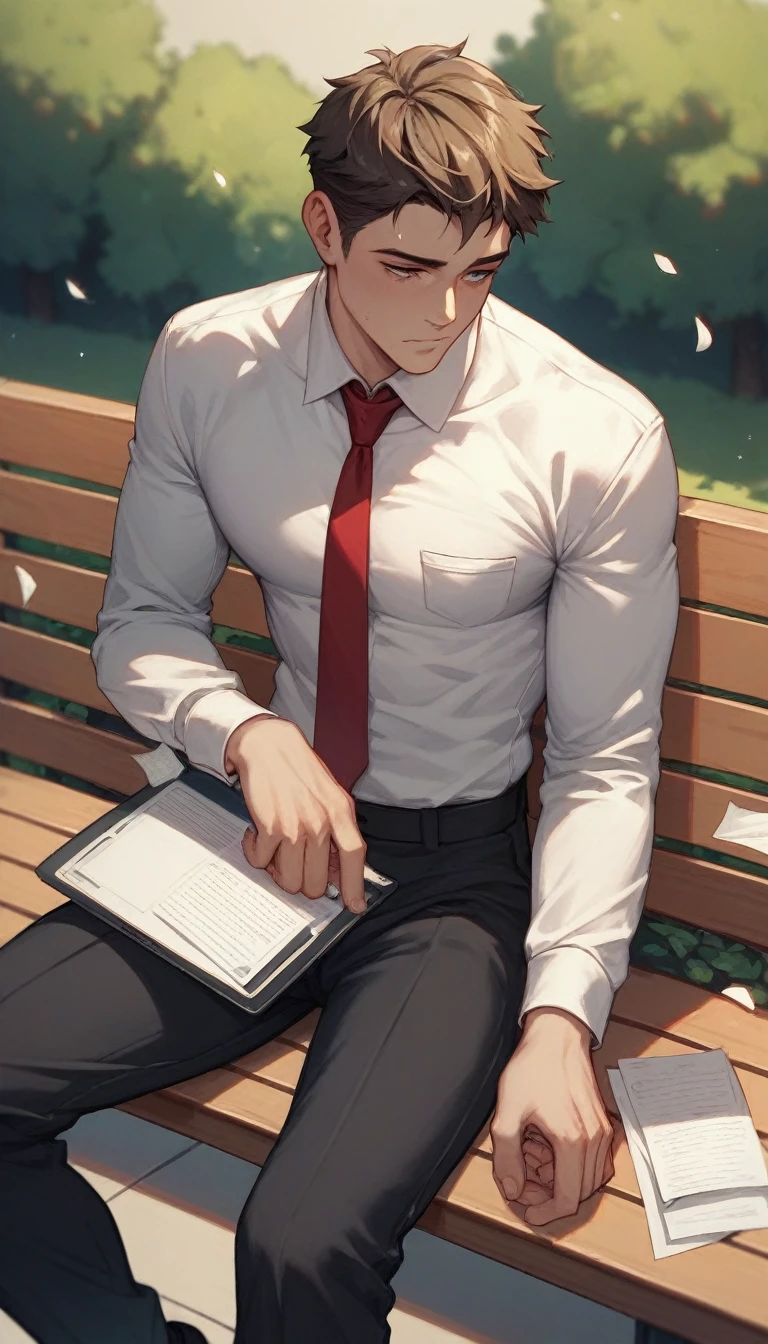 a boy is unemployed sad
And he is sitting alone on a bench in the park with papers spread in his hand or an laptop kept nearby, wearing a formal dress, white shirt, black pent, red tie,