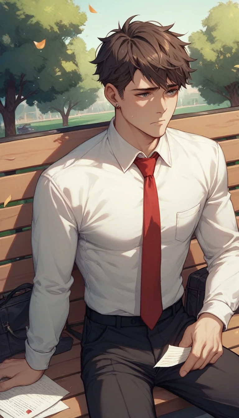 a boy is unemployed sad
And he is sitting alone on a bench in the park with papers spread in his hand or an laptop kept nearby, wearing a formal dress, white shirt, black pent, red tie,