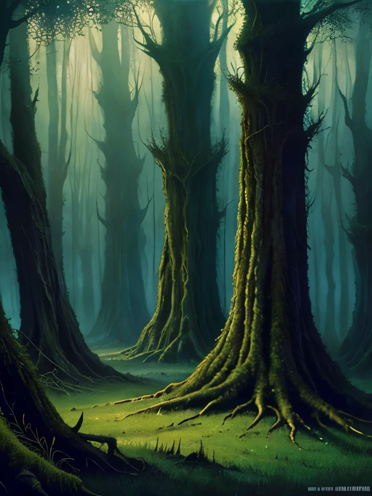there are two birds that are sitting on a tree, dark fantasy art, dark fantasy mixed with realism, dark fantasy forest, by John Howe, fantasy dark art, painting by john howe, concept art of a dark forest, dark fantasy setting, creepy forest, # mist # horror # magic # spell, southern gothic art, of an evil tree wizard, creepy!!
