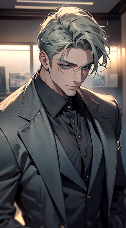 (best quality, masterpiece, 8K, photorealistic, cinematic lighting, 1:4 hdr image, top view, ultra detailed, beautiful image), a mature man, very handsome, short grey green hair, blue eyes, perfect face without errors , ((buttoning his jacket, CEO)), smile in love.