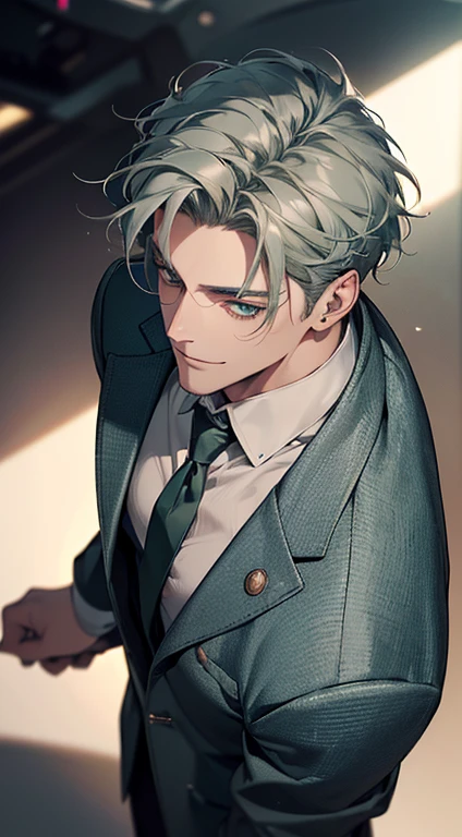 (best quality, masterpiece, 8K, photorealistic, cinematic lighting, 1:4 hdr image, top view, ultra detailed, beautiful image), a mature man, very handsome, short grey green hair, blue eyes, perfect face without errors , ((buttoning his jacket, CEO)), smile in love.