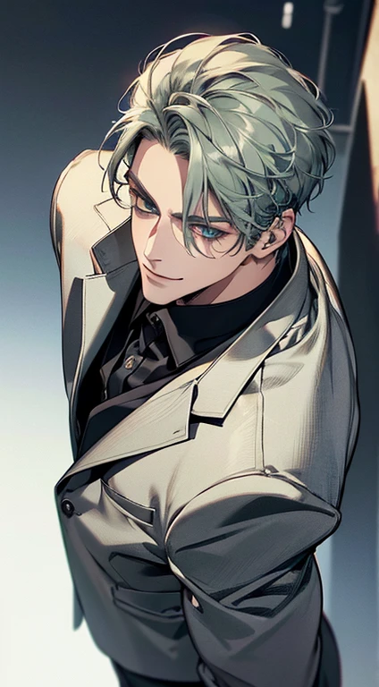 (best quality, masterpiece, 8K, photorealistic, cinematic lighting, 1:4 hdr image, top view, ultra detailed, beautiful image), a mature man, very handsome, short grey green hair, blue eyes, perfect face without errors , ((buttoning his jacket, CEO)), smile in love.