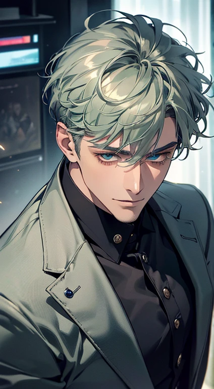 (best quality, masterpiece, 8K, photorealistic, cinematic lighting, 1:4 hdr image, top view, ultra detailed, beautiful image), a mature man, very handsome, short grey green hair, blue eyes, perfect face without errors , ((buttoning his jacket, CEO)), smile in love.