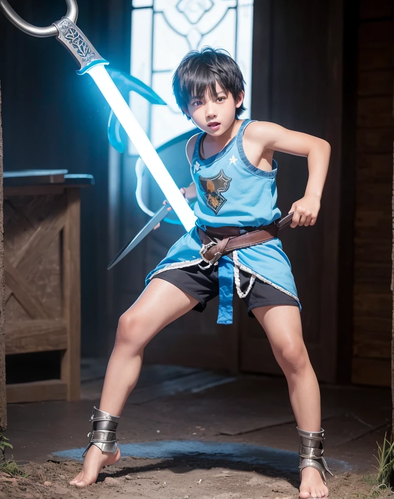 Young -yeld boith black hair and brown eyes, innocent and happy, dressed in short neon-blue medieval barbarian clothes, fur shorts, light-blue battle armor, weilding silver sword and shield, barefoot; fullbody; short hair, boyish athletic, sexy,