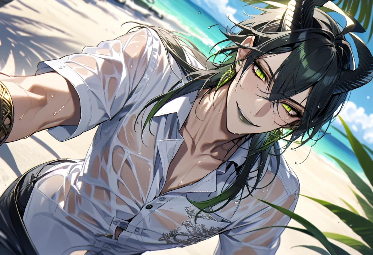 ((masterpiece:1.4, best quality)), (Ultra detailed background), 1boy, handsome man, highly detailed beautiful face and eyes, white hair, beautiful eyes, (sharp detail:1.3), shiny, earrings, bracelet, (wet clothes:1.3), Shirts, Bari, Cebu Island, plumeria, near the beach, stretch,lie on one's back, dynamic angle, malleus draconia (twisted wonderland) horns, bishounen, boy, male, yana Toboso style, long hair, black hair, yellow green eyes, smile, gray lips, handsome, skinny, tall, yellow green glow,
