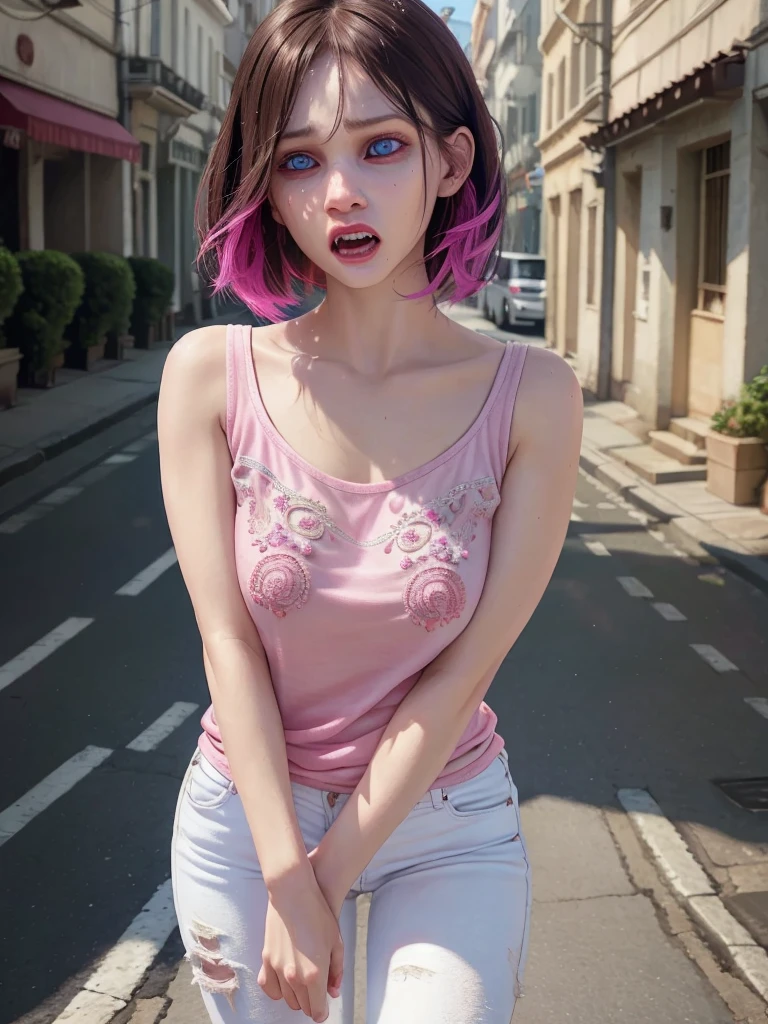 6girls, Many women, beautiful detailed eyes, horrified, scared, screaming, beautiful detailed lips, extremely detailed eyes and face, pink t-shirt, white jeans, standing on a street corner, award winning, intricate details, photorealistic, cinematic lighting, volumetric lighting, depth of field, beautiful face, striking pose, dynamic composition, vivid colors, warm tones, dragon