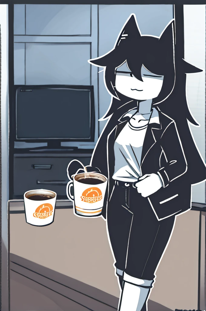 Cup of coffee in hand, clothes on, watching TV