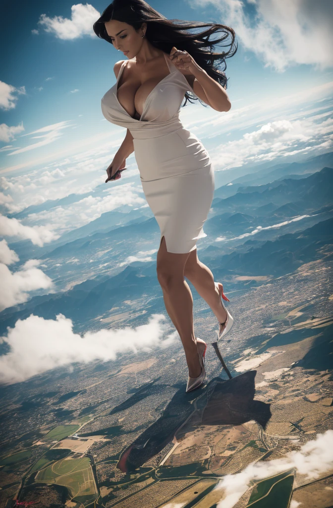 Christina Hendricks, (masterpiece, best quality, best shadows, best shading, perfect hands, perfect face, cinematic lighting, colorful, ultra-detailed, beautiful photography, character focus, extremely-detailed, photorealistic, hyper photorealism, atmospheric), (rural destruction:1.2), (giantess, stereotypical office worker), (dirty, filthy, unwashed, sweaty, unkempt, angry, tired, exhausted, annoyed), (walking, mid stride, stepping down on, stomping, crush, rampage), (black patent Louboutin pointed toe pumps, high heels, stiletto heels), (revealing crisp white blouse, short pencil skirt), (high altitude photography, satellite view), (exposed cleavage, heaving bosom, legs), (urban sprawl, farmland and small towns, destruction, buildings, roads), (cloudy, overcast, clouds and atmosphere partly obscuring the subject, hazy atmosphere, haze in foreground, wispy clouds)