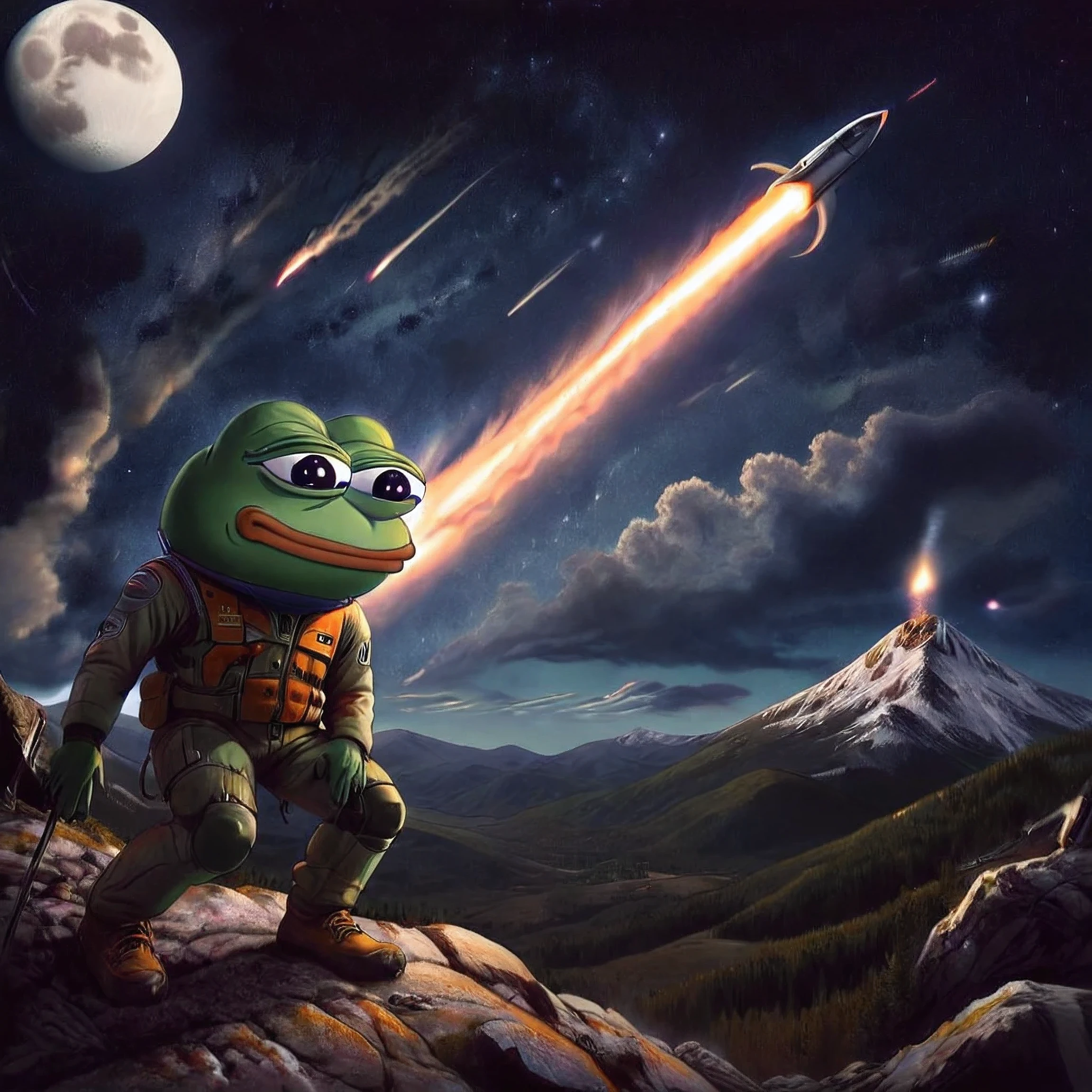 a pepe the frog, standing on top of a mountain, looking up at a rocket launching to the moon, detailed frog features, expressive eyes, detailed skin texture, rocky mountainous landscape, clear night sky, glowing moon, rocket blasting off, dynamic motion, vibrant colors, cinematic lighting, intricate details, photorealistic, digital art, ((pepe_frog))), 1 boy